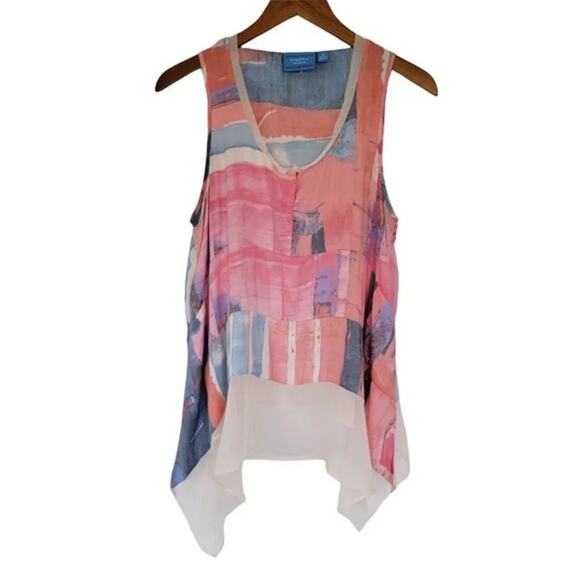 Simply Vera Sleeveless‎ Asymmetric Watercolor Print Blouse Woman Size M Peach - Picture 1 of 10